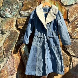 Vintage denim knee length coat, penny lane, faux sheerling collar, fitted waist